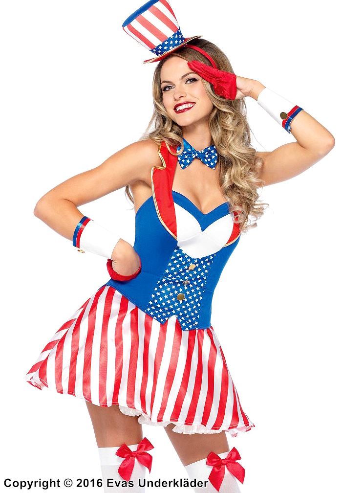 Kvinnelig amerikansk patriot, kostyme-kjole, knapper, stjerner, striper